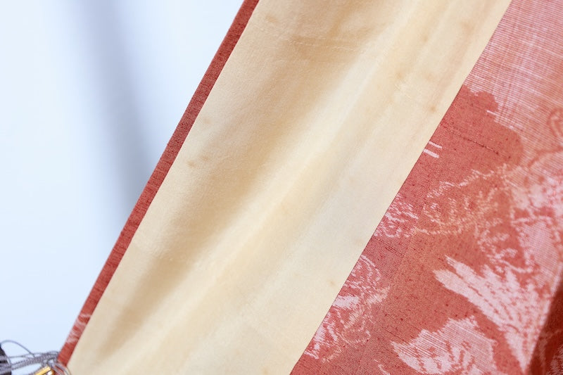 Tsumugi(Japan used kimono) silk fabric, brown and beige, floral and cloud pattern, handwoven, R186