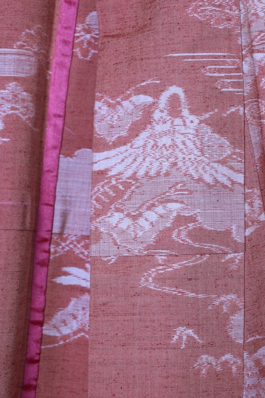 Tsumugi(Japan used kimono) silk fabric, brown and beige, floral and cloud pattern, handwoven, R186