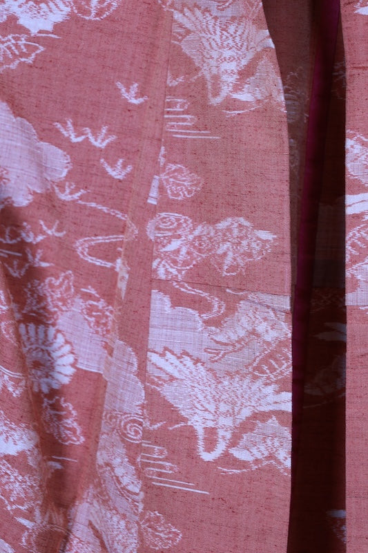 Tsumugi(Japan used kimono) silk fabric, brown and beige, floral and cloud pattern, handwoven, R186