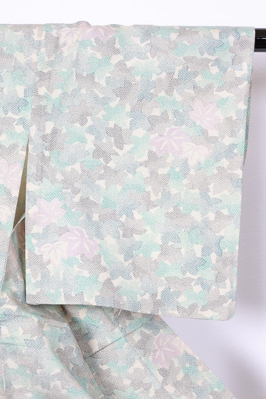 Tsumugi(Japan used kimono silk fabric), beige, light blue, indigo, purple, floral pattern, R192
