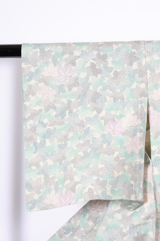 Tsumugi(Japan used kimono silk fabric), beige, light blue, indigo, purple, floral pattern, R192