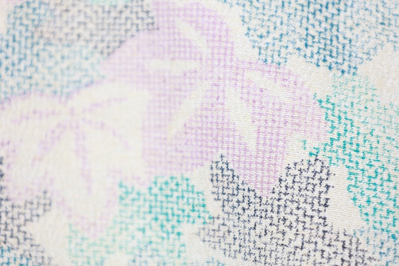 Tsumugi(Japan used kimono silk fabric), beige, light blue, indigo, purple, floral pattern, R192