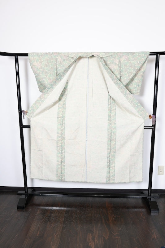 Tsumugi(Japan used kimono silk fabric), beige, light blue, indigo, purple, floral pattern, R192