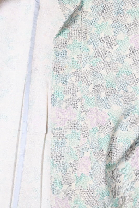 Tsumugi(Japan used kimono silk fabric), beige, light blue, indigo, purple, floral pattern, R192