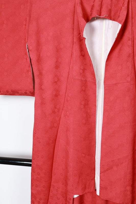 Japan used kimono fabric, red, with chrysanthemum pattern throughout, single crest, wisteria design, R188