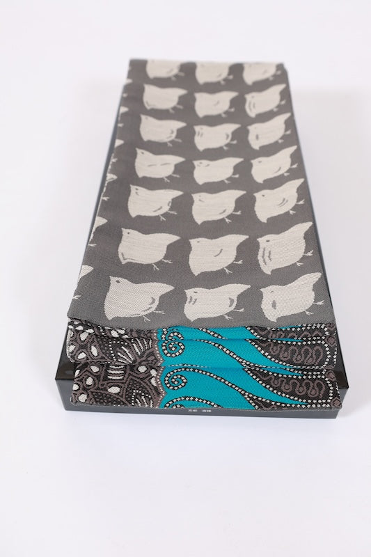 Long, half-width obi (sash), brand new, Nishijin weave, brown, blue, beige, batik pattern, houndstooth, M650