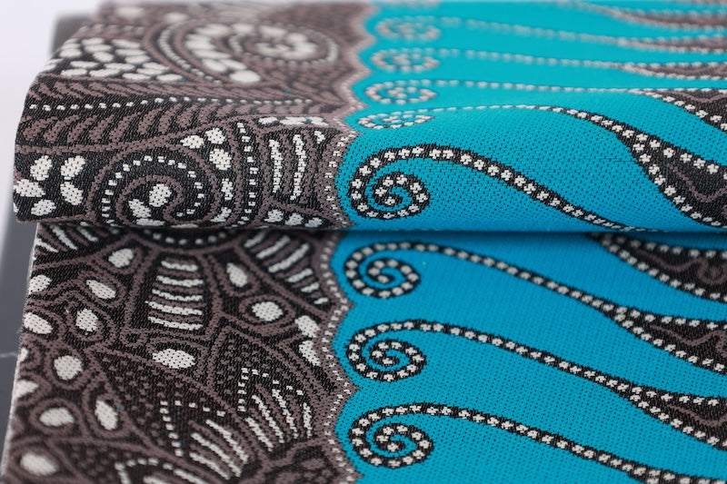 Long, half-width obi (sash), brand new, Nishijin weave, brown, blue, beige, batik pattern, houndstooth, M650