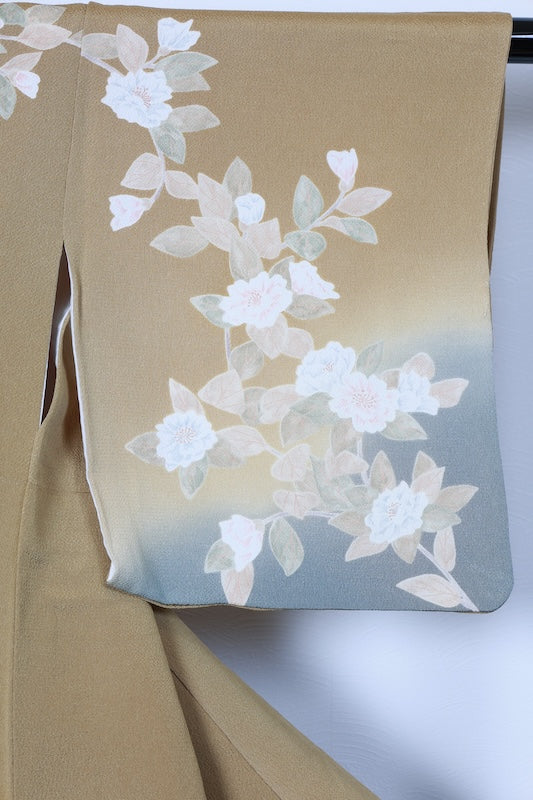 Japan used kimono, mustard yellow, gray, green, blue, brown, floral pattern, crepe silk, hand-painted Kyoto Yuzen dyeing, R255