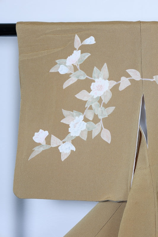 Japan used kimono, mustard yellow, gray, green, blue, brown, floral pattern, crepe silk, hand-painted Kyoto Yuzen dyeing, R255