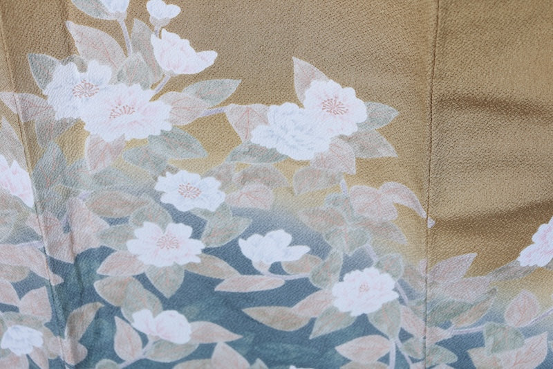 Japan used kimono, mustard yellow, gray, green, blue, brown, floral pattern, crepe silk, hand-painted Kyoto Yuzen dyeing, R255