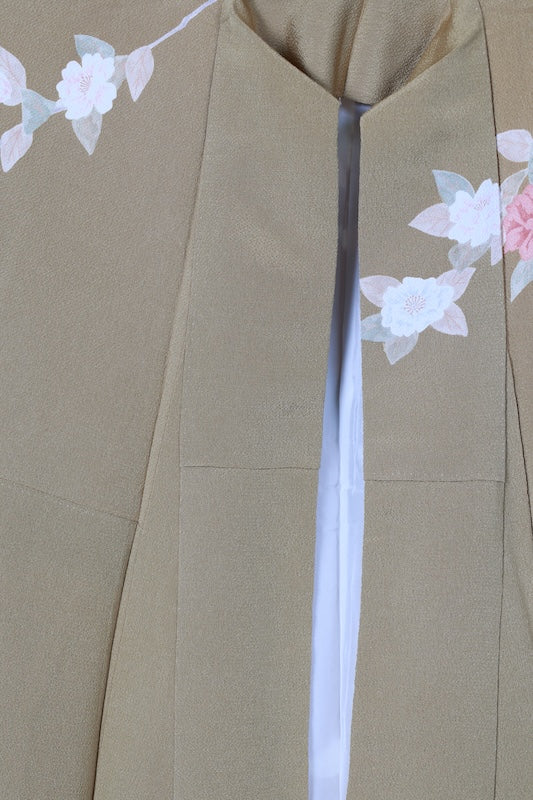 Japan used kimono, mustard yellow, gray, green, blue, brown, floral pattern, crepe silk, hand-painted Kyoto Yuzen dyeing, R255