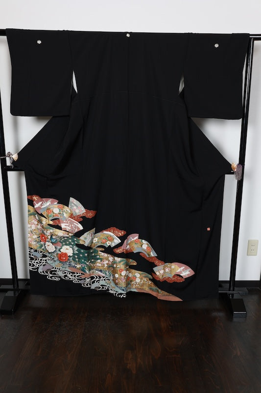 Black formal used kimono (Kurotomesode) - Gold, Silver, Coral, Red, Green, Purple, Gray  Waves - Hanai Yukiko - R205