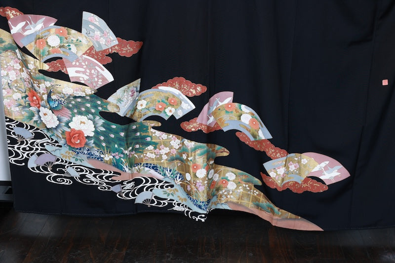 Black formal used kimono (Kurotomesode) - Gold, Silver, Coral, Red, Green, Purple, Gray  Waves - Hanai Yukiko - R205