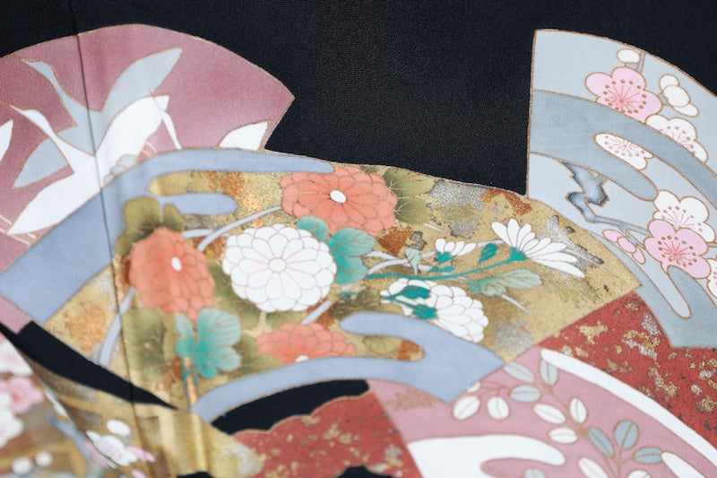 Black formal used kimono (Kurotomesode) - Gold, Silver, Coral, Red, Green, Purple, Gray  Waves - Hanai Yukiko - R205