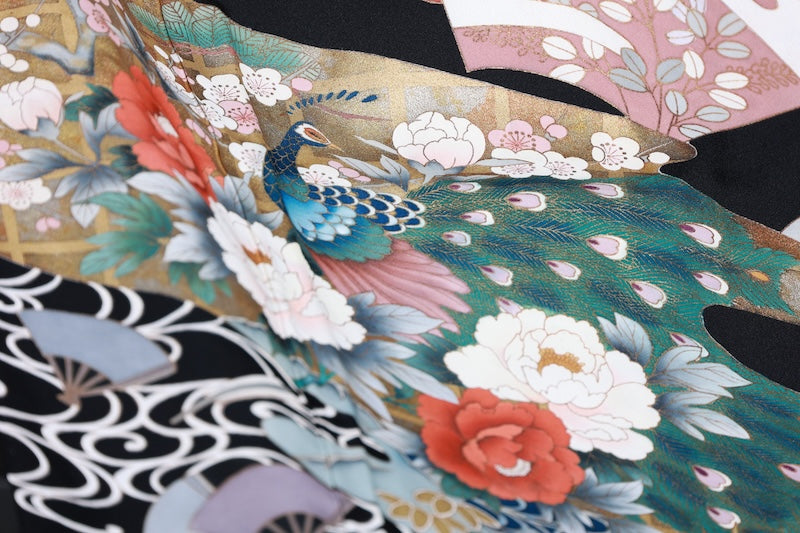 Black formal used kimono (Kurotomesode) - Gold, Silver, Coral, Red, Green, Purple, Gray  Waves - Hanai Yukiko - R205