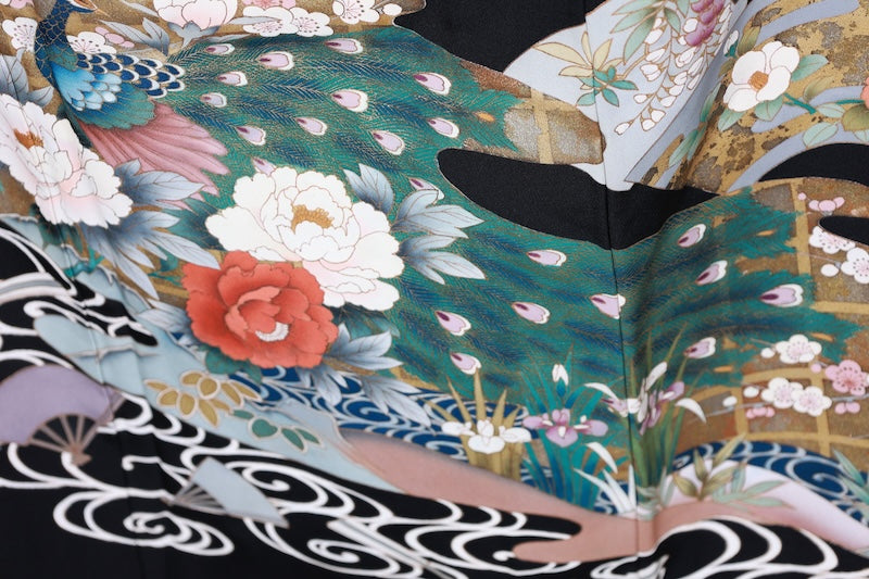 Black formal used kimono (Kurotomesode) - Gold, Silver, Coral, Red, Green, Purple, Gray  Waves - Hanai Yukiko - R205
