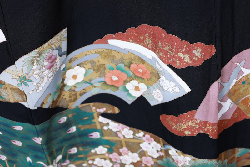 Black formal used kimono (Kurotomesode) - Gold, Silver, Coral, Red, Green, Purple, Gray  Waves - Hanai Yukiko - R205
