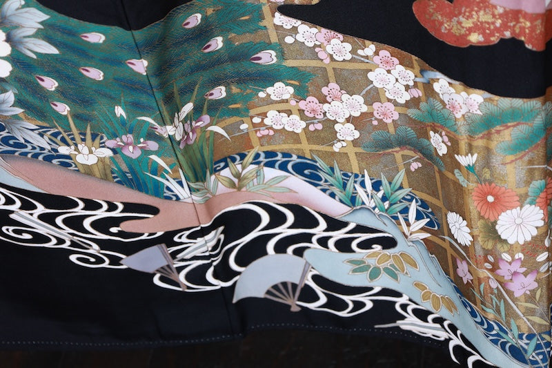 Black formal used kimono (Kurotomesode) - Gold, Silver, Coral, Red, Green, Purple, Gray  Waves - Hanai Yukiko - R205