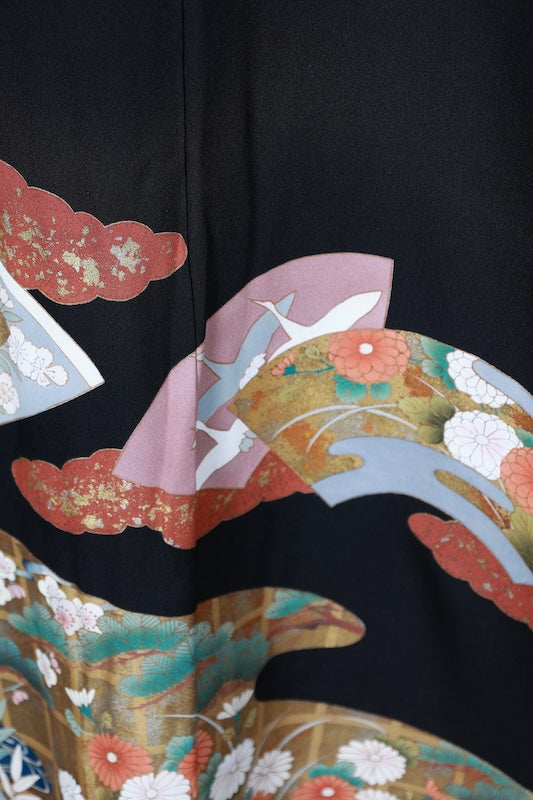 Black formal used kimono (Kurotomesode) - Gold, Silver, Coral, Red, Green, Purple, Gray  Waves - Hanai Yukiko - R205