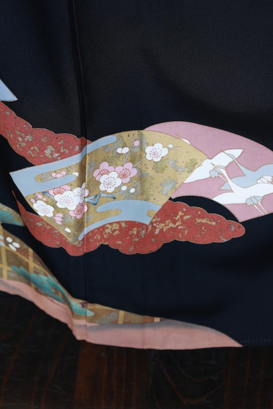 Black formal used kimono (Kurotomesode) - Gold, Silver, Coral, Red, Green, Purple, Gray  Waves - Hanai Yukiko - R205