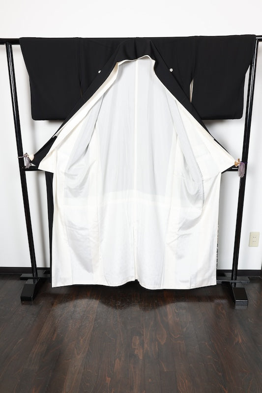 Black formal used kimono (Kurotomesode) - Gold, Silver, Coral, Red, Green, Purple, Gray  Waves - Hanai Yukiko - R205