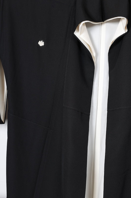 Black formal used kimono (Kurotomesode) - Gold, Silver, Coral, Red, Green, Purple, Gray  Waves - Hanai Yukiko - R205
