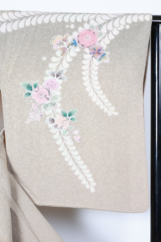 Japan used kimono, Tsujigahana pattern, withered field color, white, brown, gray, ink, blue, Shibori (tie-dye) technique, artist's work, R206