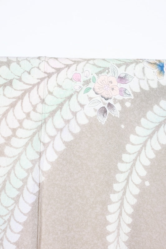 Japan used kimono, Tsujigahana pattern, withered field color, white, brown, gray, ink, blue, Shibori (tie-dye) technique, artist's work, R206