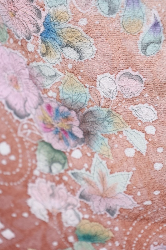 Japan used kimono, Tsujigahana pattern, withered field color, white, brown, gray, ink, blue, Shibori (tie-dye) technique, artist's work, R206