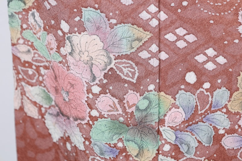 Japan used kimono, Tsujigahana pattern, withered field color, white, brown, gray, ink, blue, Shibori (tie-dye) technique, artist's work, R206