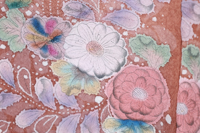 Japan used kimono, Tsujigahana pattern, withered field color, white, brown, gray, ink, blue, Shibori (tie-dye) technique, artist's work, R206