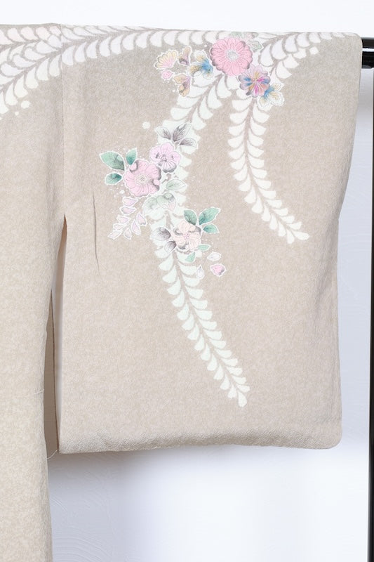 Japan used kimono, Tsujigahana pattern, withered field color, white, brown, gray, ink, blue, Shibori (tie-dye) technique, artist's work, R206