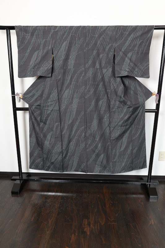 Japan used kimono Yuki Tsumugi silk fabric, shades of gray and green,  R208