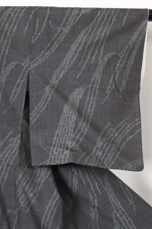 Japan used kimono Yuki Tsumugi silk fabric, shades of gray and green,  R208