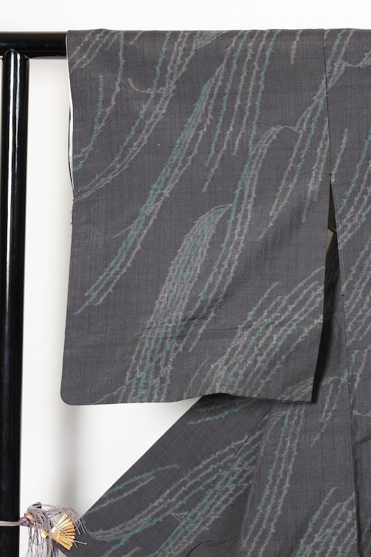 Japan used kimono Yuki Tsumugi silk fabric, shades of gray and green,  R208