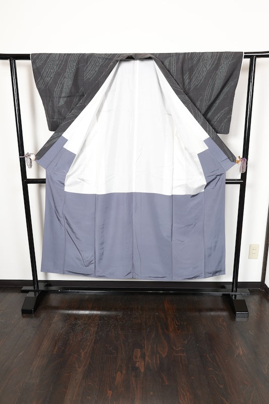 Japan used kimono Yuki Tsumugi silk fabric, shades of gray and green,  R208