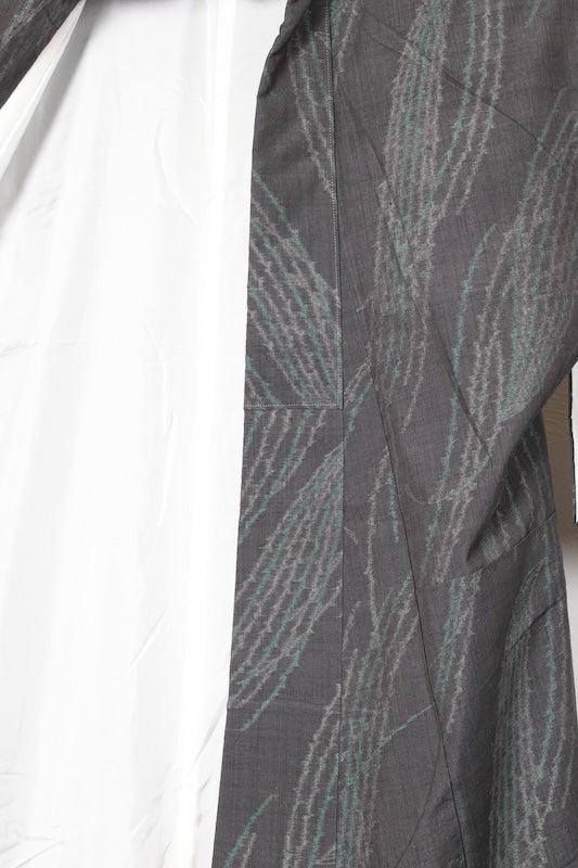 Japan used kimono Yuki Tsumugi silk fabric, shades of gray and green,  R208