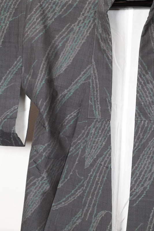 Japan used kimono Yuki Tsumugi silk fabric, shades of gray and green,  R208