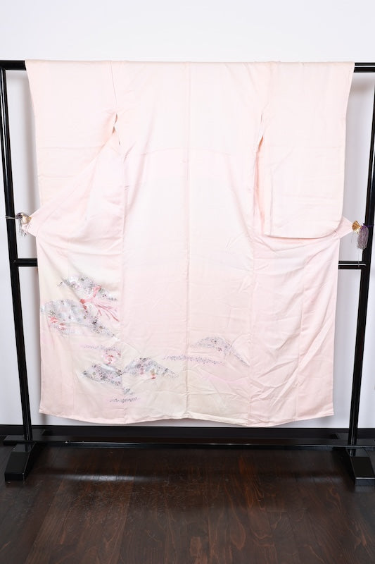 Japan used kimono, cherry blossom pink, gold leaf, silver leaf, purple, white, coral, phoenix,  hand-painted Kyo-Yuzen, artist's work, R204