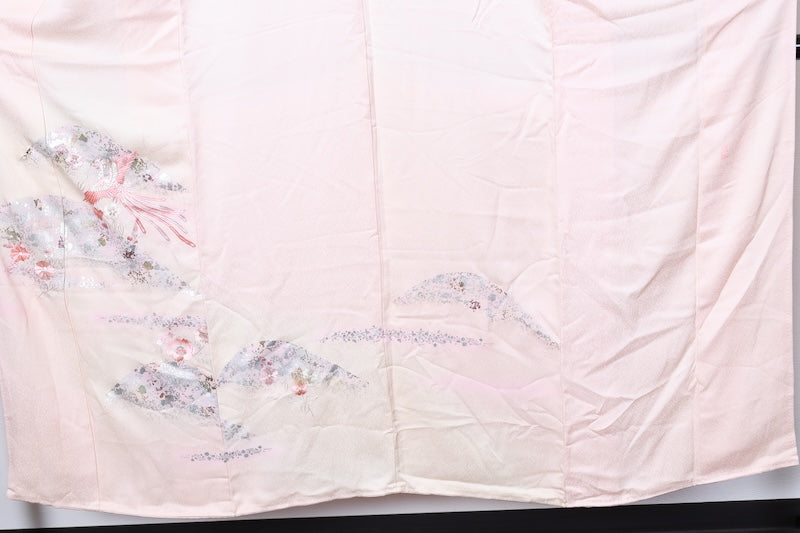 Japan used kimono, cherry blossom pink, gold leaf, silver leaf, purple, white, coral, phoenix,  hand-painted Kyo-Yuzen, artist's work, R204