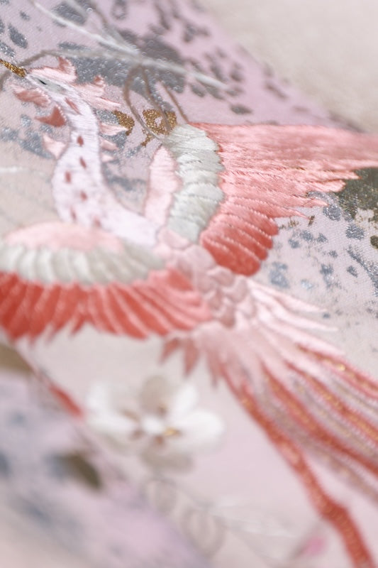 Japan used kimono, cherry blossom pink, gold leaf, silver leaf, purple, white, coral, phoenix,  hand-painted Kyo-Yuzen, artist's work, R204