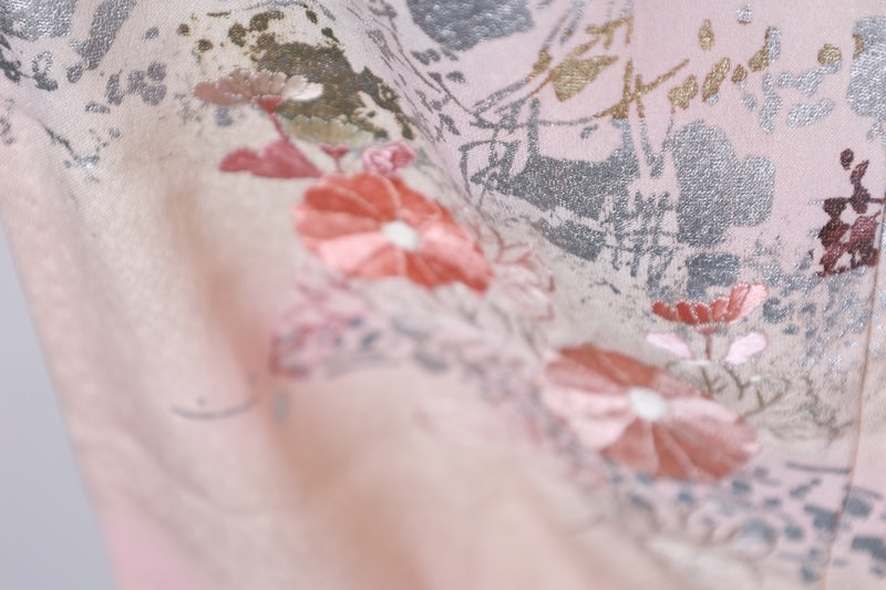 Japan used kimono, cherry blossom pink, gold leaf, silver leaf, purple, white, coral, phoenix,  hand-painted Kyo-Yuzen, artist's work, R204