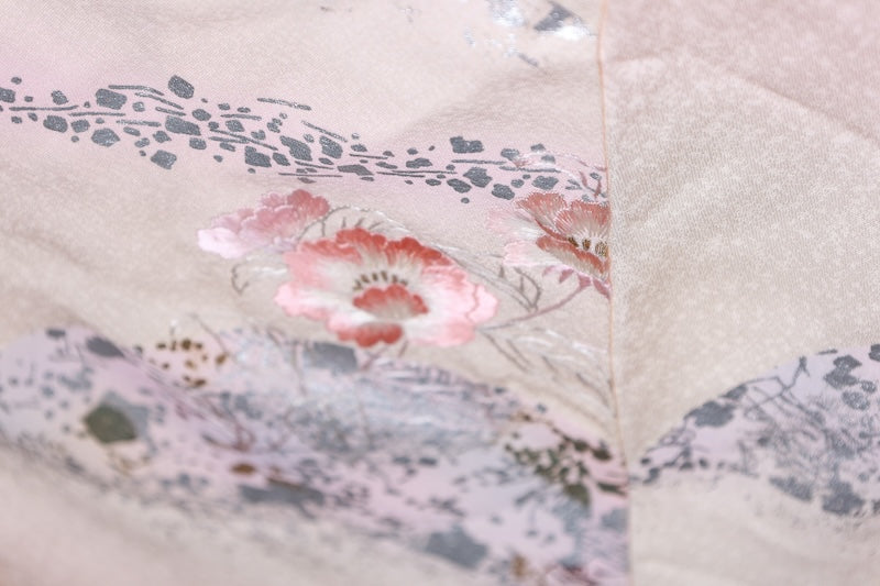 Japan used kimono, cherry blossom pink, gold leaf, silver leaf, purple, white, coral, phoenix,  hand-painted Kyo-Yuzen, artist's work, R204