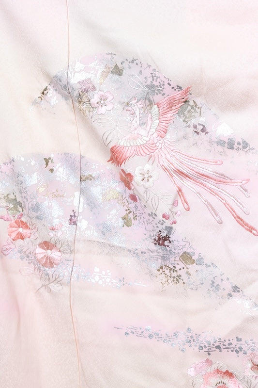 Japan used kimono, cherry blossom pink, gold leaf, silver leaf, purple, white, coral, phoenix,  hand-painted Kyo-Yuzen, artist's work, R204