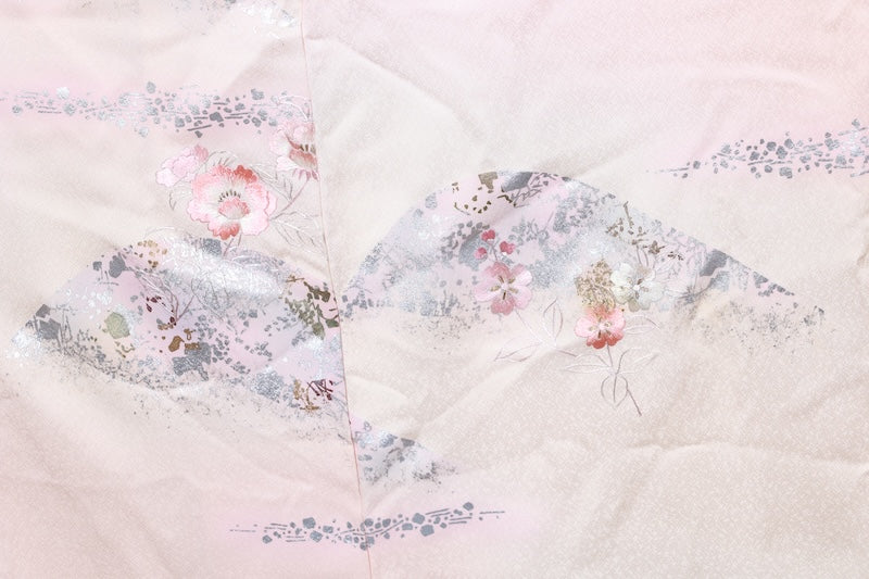 Japan used kimono, cherry blossom pink, gold leaf, silver leaf, purple, white, coral, phoenix,  hand-painted Kyo-Yuzen, artist's work, R204