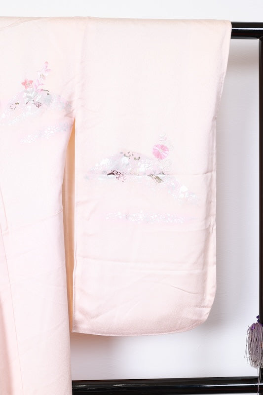Japan used kimono, cherry blossom pink, gold leaf, silver leaf, purple, white, coral, phoenix,  hand-painted Kyo-Yuzen, artist's work, R204