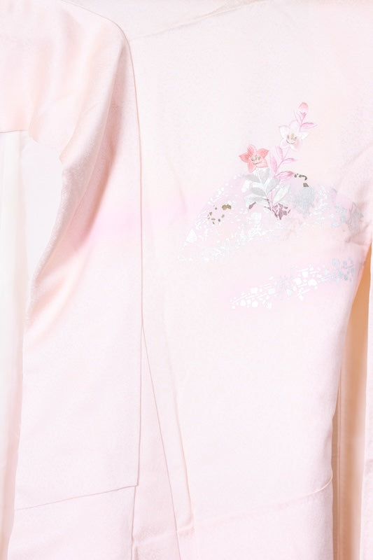 Japan used kimono, cherry blossom pink, gold leaf, silver leaf, purple, white, coral, phoenix,  hand-painted Kyo-Yuzen, artist's work, R204