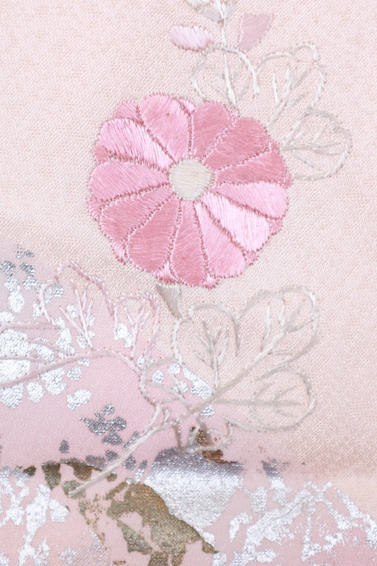 Japan used kimono, cherry blossom pink, gold leaf, silver leaf, purple, white, coral, phoenix,  hand-painted Kyo-Yuzen, artist's work, R204