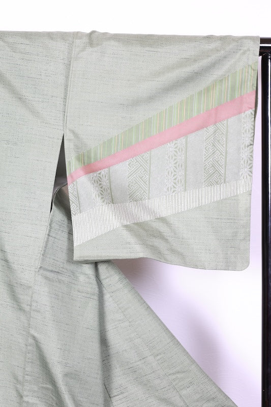 Authentic Oshima Tsumugi silk used kimono; shades of green, purple, red, white; R266