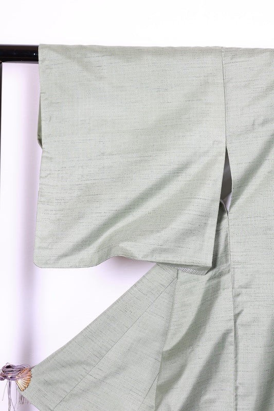 Authentic Oshima Tsumugi silk used kimono; shades of green, purple, red, white; R266